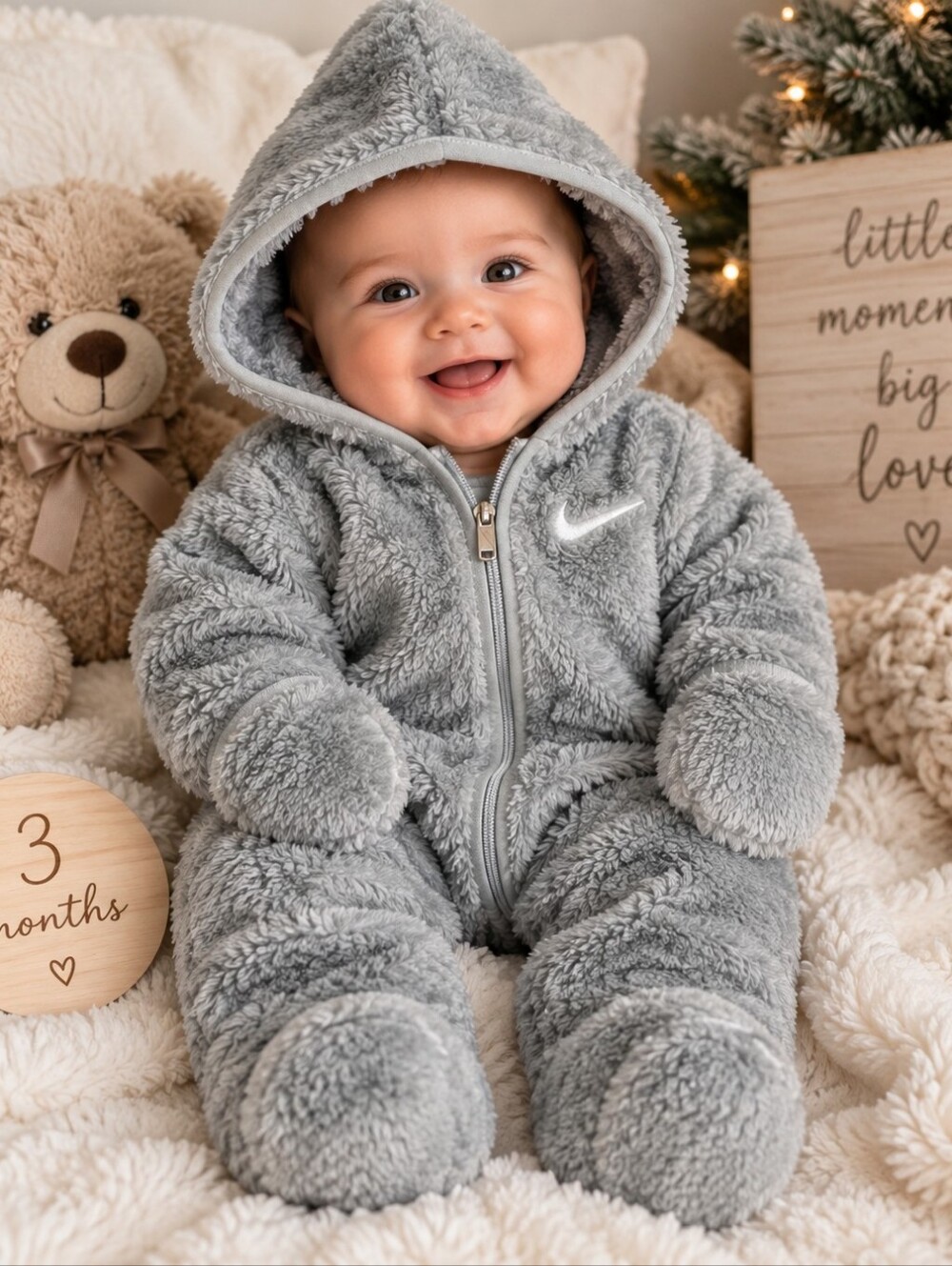 Nike Baby Sherpa Fleece Hooded Bunting Snowsuit Gray 3M 0-3 Months